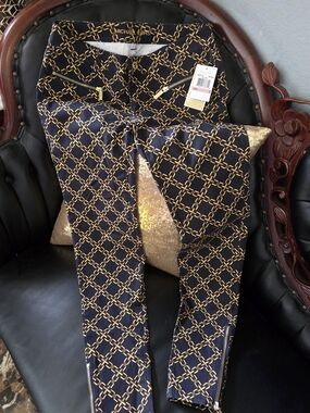 Michael Kors Navy Blue and Gold Chain-Print Skinny Pants